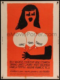 6c293 ONE, TWO, THREE 30x40 '62 Billy Wilder, James Cagney, Saul Bass art of girl w/ balloons!