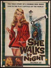 6c068 SHE WALKS BY NIGHT trimmed and mounted 1sh '60 German prostitution, sexy art of Belinda Lee!