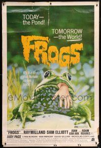 6c420 FROGS 40x60 '72 great horror art of man-eating amphibian with human hand hanging from mouth!