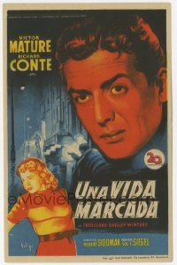 6d485 CRY OF THE CITY Spanish herald '48 Soligo art of Victor Mature & Shelley Winters, film noir!