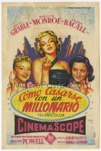 6d556 HOW TO MARRY A MILLIONAIRE Spanish herald '54 Soligo art of Marilyn Monroe, Grable & Bacall!