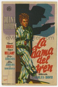 6d573 LADY ON A TRAIN Spanish herald '47 detective Deanna Durbin in pajamas with gun on a manhunt!
