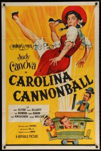 6f142 CAROLINA CANNONBALL 1sh '55 wacky art of Judy Canova on train tracks, sci-fi comedy!