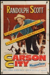 6f145 CARSON CITY 1sh '52 cowboy Randolph Scott in Nevada with a gun and a grin!