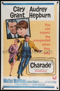 6f156 CHARADE 1sh '63 art of tough Cary Grant & sexy Audrey Hepburn, expect the unexpected!