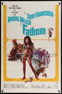 6f281 FATHOM 1sh '67 art of sexy nearly-naked Raquel Welch in parachute harness & action scenes!