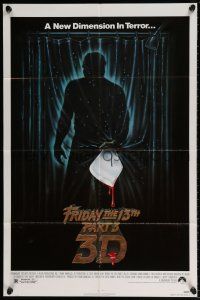 6f315 FRIDAY THE 13th PART 3 - 3D 1sh '82 slasher sequel, art of Jason stabbing through shower!
