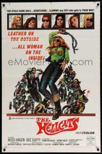 6f408 HELLCATS 1sh '68 wild art of female biker who is leather on the outside but all woman!
