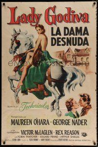 6f506 LADY GODIVA Spanish/U.S. 1sh '55 artwork of super sexy naked Maureen O'Hara on horseback!