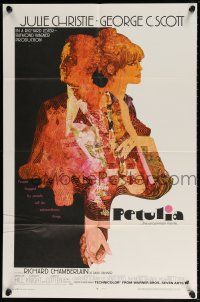 6f672 PETULIA 1sh '68 cool artwork of pretty Julie Christie & George C. Scott!