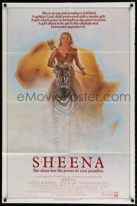 6f786 SHEENA int'l 1sh '84 artwork of sexy Tanya Roberts with bow & arrows riding zebra in Africa!