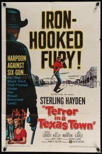 6f862 TERROR IN A TEXAS TOWN 1sh '58 great artwork of Sterling Hayden holding huge harpoon!
