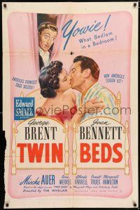 6f926 TWIN BEDS 1sh '42 wacky artwork of George Brent, Joan Bennett & Mischa Auer!