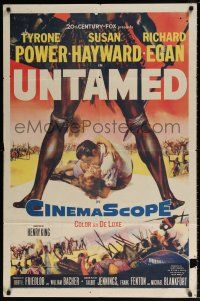 6f939 UNTAMED 1sh '55 cool art of Tyrone Power & Susan Hayward in Africa with native tribe!