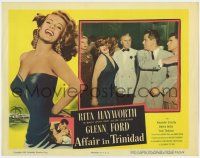 6g049 AFFAIR IN TRINIDAD LC '52 close up of Glenn Ford slapping sexy Rita Hayworth!