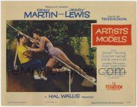 6g073 ARTISTS & MODELS LC #3 '55 c/u of wacky Jerry Lewis & sexy young Shirley MacLaine on stairs!