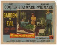 6g258 GARDEN OF EVIL LC #8 '54 Gary Cooper, sexy Susan Hayward & Hugh Marlowe in bed pointing!