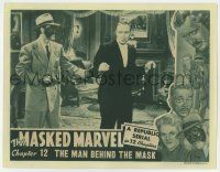 6g495 MASKED MARVEL chapter 12 LC '43 Republic serial, Tom Steele in costume pointing gun at man!