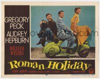 6g674 ROMAN HOLIDAY LC #1 '53 Audrey Hepburn, Gregory Peck & Eddie Albert all riding on Vespa!
