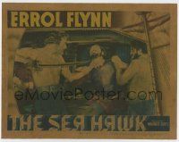 6g693 SEA HAWK linen LC '40 great c/u of barechested Errol Flynn holding sword at man's throat!