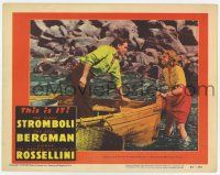 6g779 STROMBOLI LC #7 '50 Ingrid Bergman smiling at man in boat, directed by Roberto Rossellini