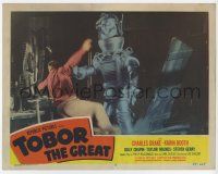 6g869 TOBOR THE GREAT LC #3 '54 best image of man-made funky robot attacking man inside workshop!