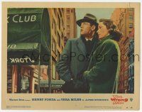 6g978 WRONG MAN LC #1 '57 Hitchcock, c/u of Henry Fonda & Vera Miles outside the famous Stork Club!