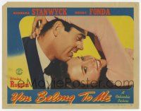 6g986 YOU BELONG TO ME LC '41 extreme close up of Henry Fonda held by pretty Barbara Stanwyck!