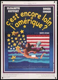 6j162 C'EST ENCORE LOIN L'AMERIQUE French 23x31 '80 a naked woman & man swimming in front of flag!