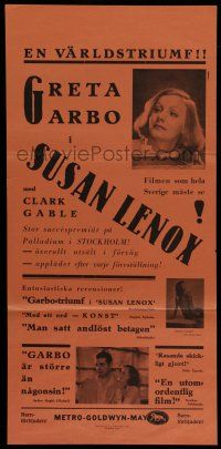 6j042 SUSAN LENOX: HER FALL & RISE Swedish stolpe '32 Greta Garbo, Clark Gable!