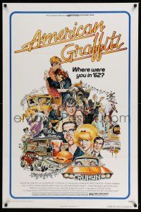 6k035 AMERICAN GRAFFITI 1sh '73 George Lucas teen classic, wacky Mort Drucker artwork of cast!