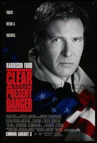 6k127 CLEAR & PRESENT DANGER advance DS 1sh '94 great portrait of Harrison Ford and American flag!