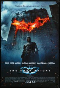 6k145 DARK KNIGHT int'l advance DS 1sh '08 Christian Bale as Batman in front of flaming building!