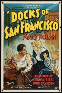 6k172 DOCKS OF SAN FRANCISCO 1sh '32 art of Mary Nolan & Jason Robards Sr. with smoking gun!