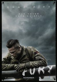 6k231 FURY teaser DS 1sh '14 great image of soldier Brad Pitt, war never ends quietly!