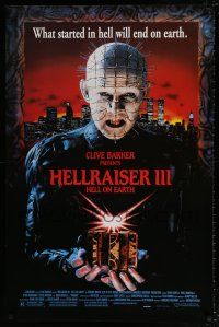 6k275 HELLRAISER III: HELL ON EARTH 1sh '92 Clive Barker, great c/u image of Pinhead holding cube!