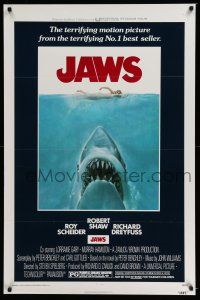6k344 JAWS 1sh '75 art of Spielberg's classic man-eating shark attacking swimmer!