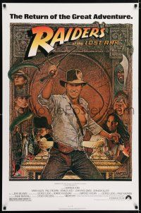 6k541 RAIDERS OF THE LOST ARK 1sh R80s great art of adventurer Harrison Ford by Richard Amsel!