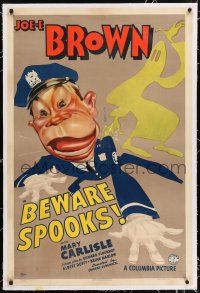 6m011 BEWARE SPOOKS linen 1sh '39 wonderful art of scared cop Joe E. Brown running from ghost!