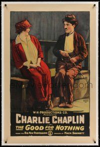 6m063 HIS NEW PROFESSION linen 1sh R18 stone litho of The Tramp Charlie Chaplin, Good For Nothing!