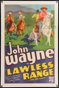 6m076 LAWLESS RANGE linen 1sh '35 great stone litho art of young John Wayne & cowboys on horses!