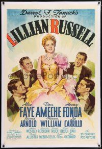 6m080 LILLIAN RUSSELL linen style B 1sh '40 different art of Alice Faye surrounded by suitors!