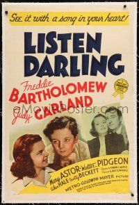 6m082 LISTEN DARLING linen style D 1sh '38 Judy Garland, Freddie Bartholomew, Mary Astor, Pidgeon!