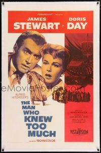 6m087 MAN WHO KNEW TOO MUCH linen 1sh '56 James Stewart & Doris Day, directed by Alfred Hitchcock!