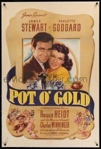 6m110 POT O' GOLD linen 1sh '41 romantic artwork of sexy Paulette Goddard & James Stewart!