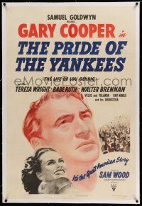 6m112 PRIDE OF THE YANKEES linen 1sh '42 Gary Cooper as baseball legend Lou Gehrig, Teresa Wright!