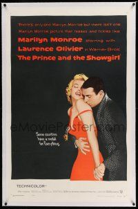6m113 PRINCE & THE SHOWGIRL linen 1sh '57 Laurence Olivier nuzzles sexy Marilyn Monroe's shoulder!