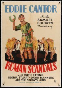 6m119 ROMAN SCANDALS linen 1sh '33 art of Eddie Cantor surrounded by naked chained Goldwyn Girls!