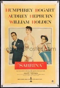 6m121 SABRINA linen 1sh '54 Audrey Hepburn between Humphrey Bogart & William Holden, Billy Wilder!