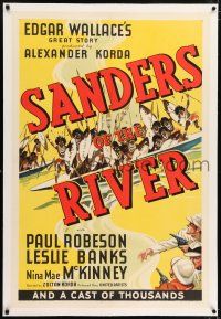 6m123 SANDERS OF THE RIVER linen 1sh '35 Paul Robeson in Edgar Wallace's Africa, cool stone litho!